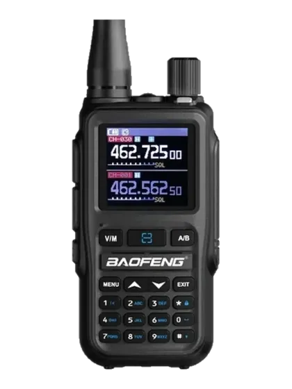 Baofeng UV-5G Mini handheld radio displaying 462.725 MHz on screen