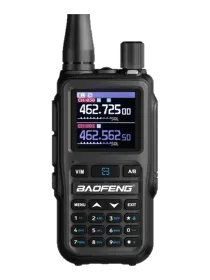 Baofeng UV-5G Mini handheld radio displaying 462.725 MHz on screen