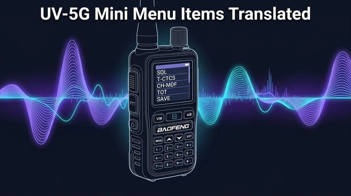 UV-5G Mini Menu Items Translated vector thumbnail graphic featuring the compact radio with illuminated menu screen and RF spectrum waves