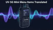 UV-5G Mini Menu Items Translated vector thumbnail graphic featuring the compact radio with illuminated menu screen and RF spectrum waves