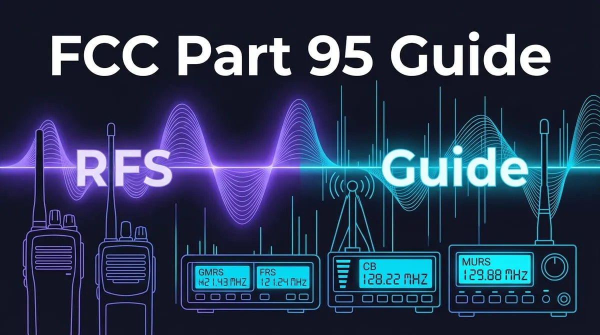 FCC Part 95 Personal Radio Services comparison graphic featuring FRS, CB, GMRS, and MURS