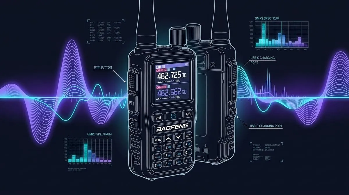 Baofeng UV-5G Mini GMRS handheld radio on dark background